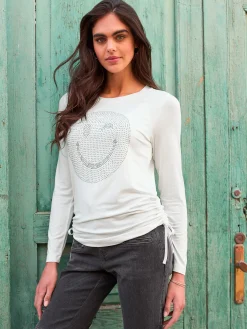 Shirts|heine Langarmshirt mit Glitzersteinchen-Smiley ecru