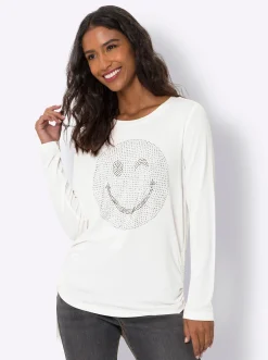 Shirts|heine Langarmshirt mit Glitzersteinchen-Smiley ecru
