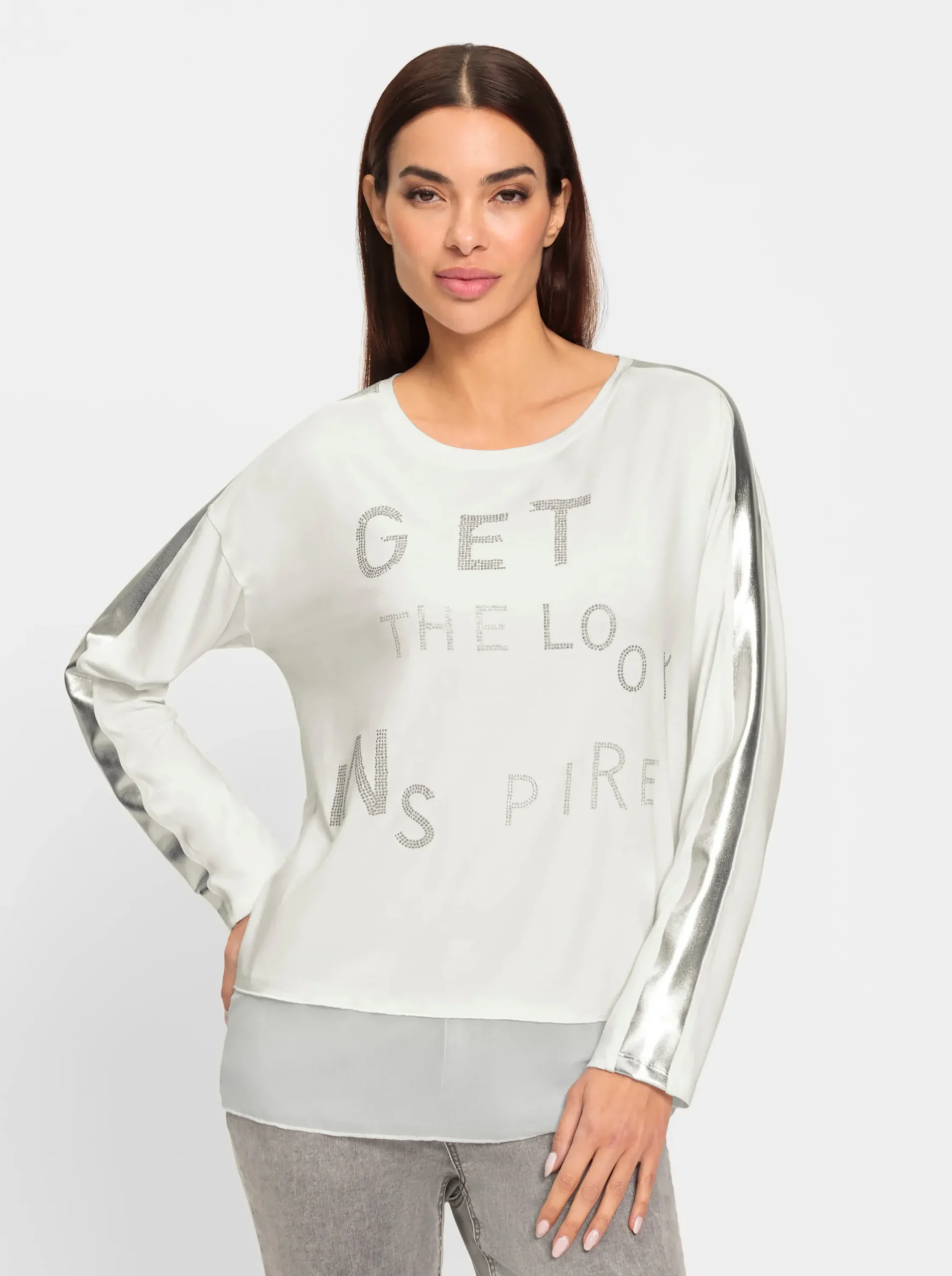 Shirts|heine Langarmshirt mit glänzendem Streifen ecru