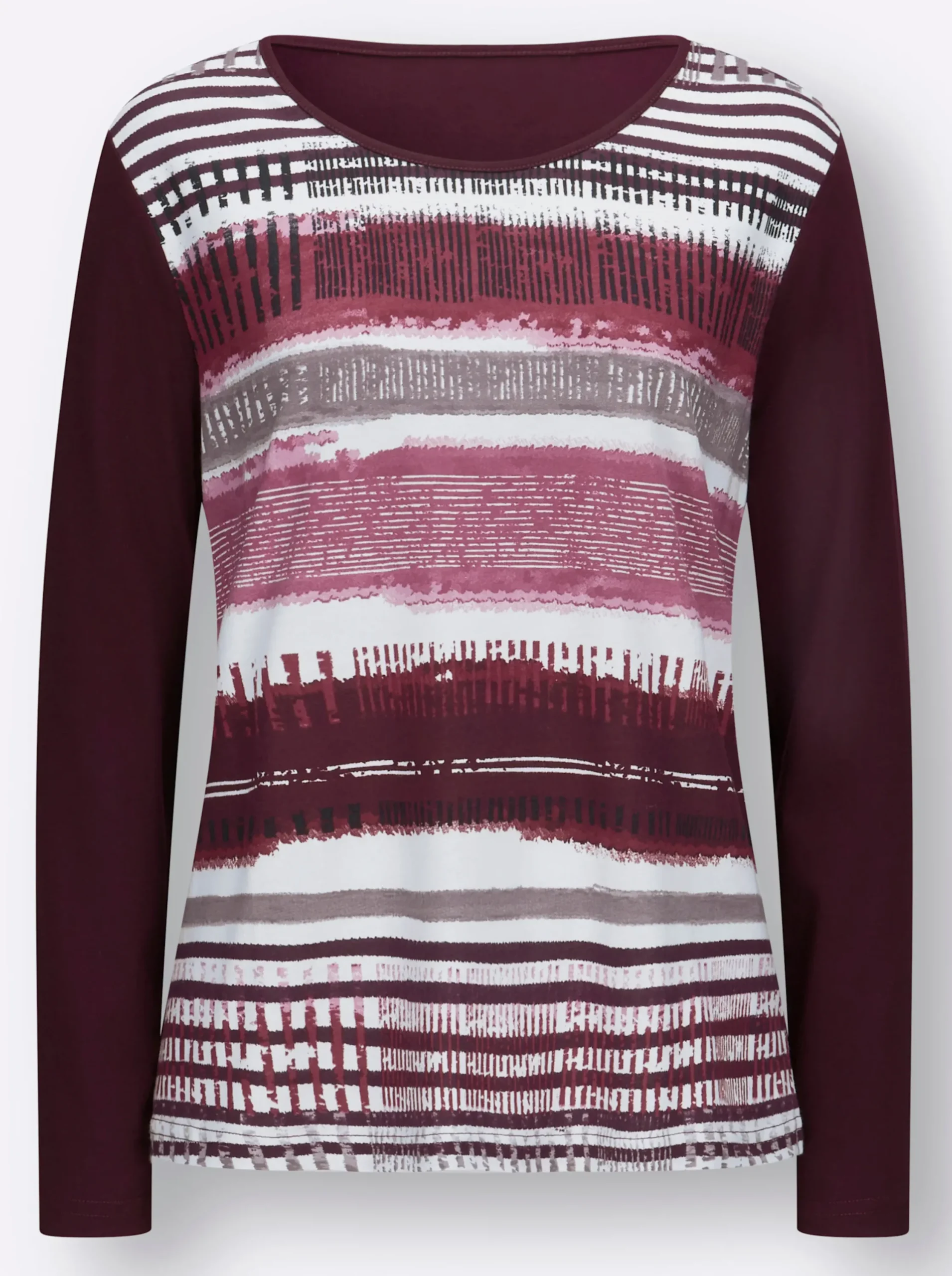 Shirts| Langarmshirt mit grafischem Muster vorne bordeaux-gestreift