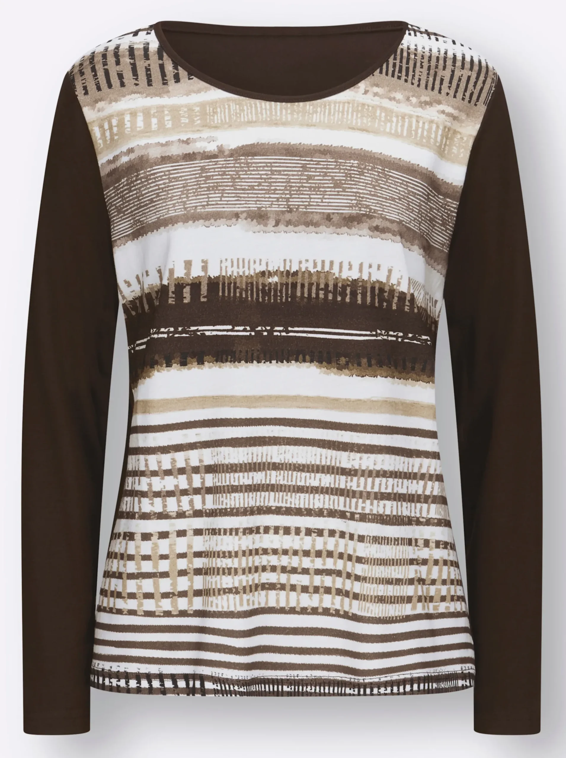 Shirts| Langarmshirt mit grafischem Muster vorne mokka-gestreift