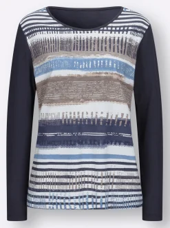 Shirts| Langarmshirt mit grafischem Muster vorne marine-gestreift