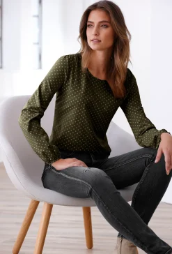 Shirts|heine Langarmshirt mit Gummizug am Ärmel dunkeloliv