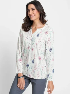 Shirts| Langarmshirt mit kleiner Knopfleiste ecru-mauve-bedruckt