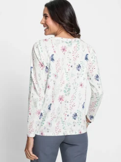 Shirts| Langarmshirt mit kleiner Knopfleiste ecru-mauve-bedruckt