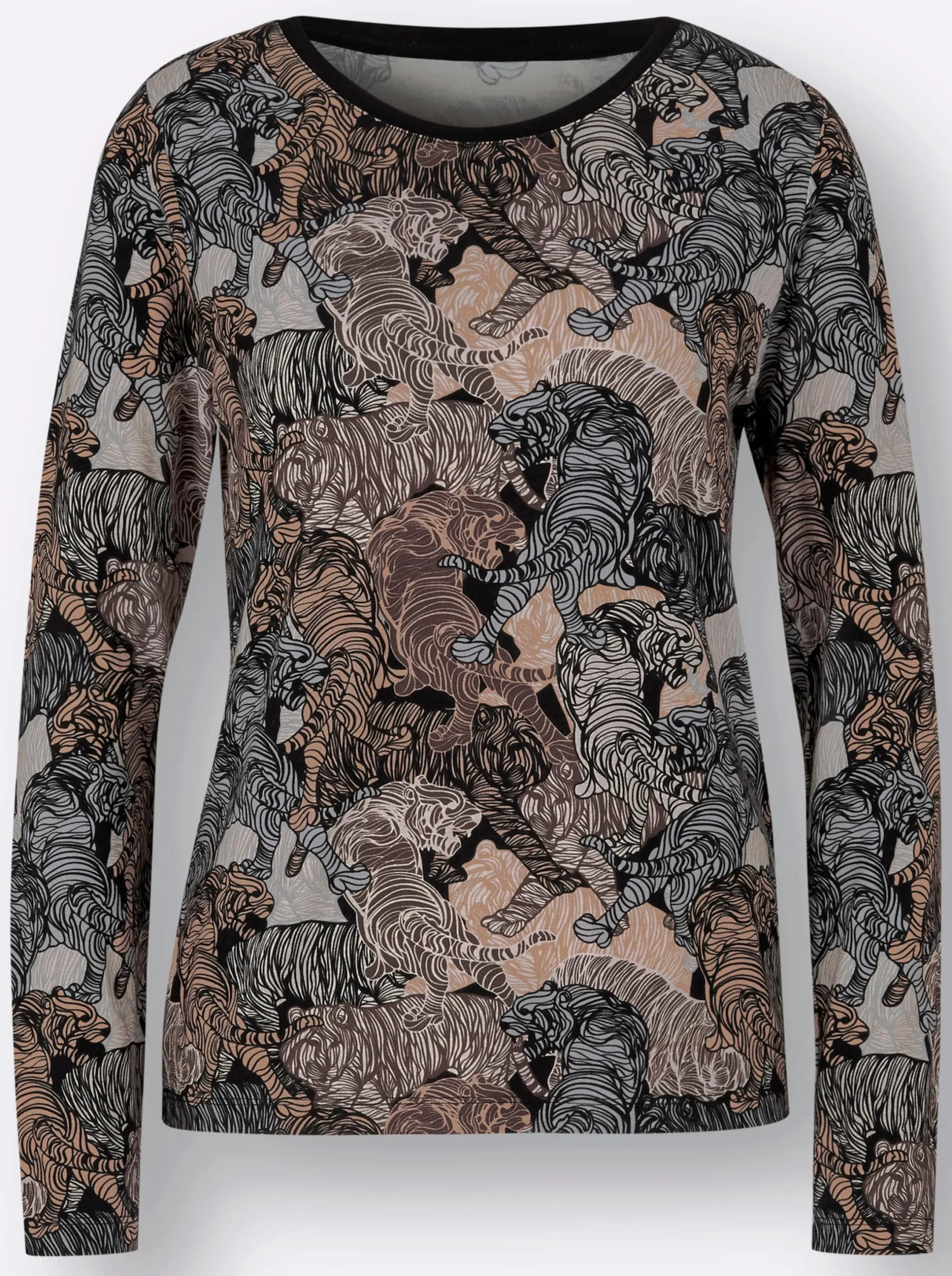 Shirts| Langarmshirt mit kontrastfarbiger Paspel schwarz-sand-bedruckt