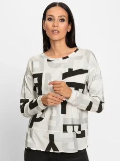 Shirts|heine Langarmshirt mit Schmucksteinchen ecru-schwarz-bedruckt