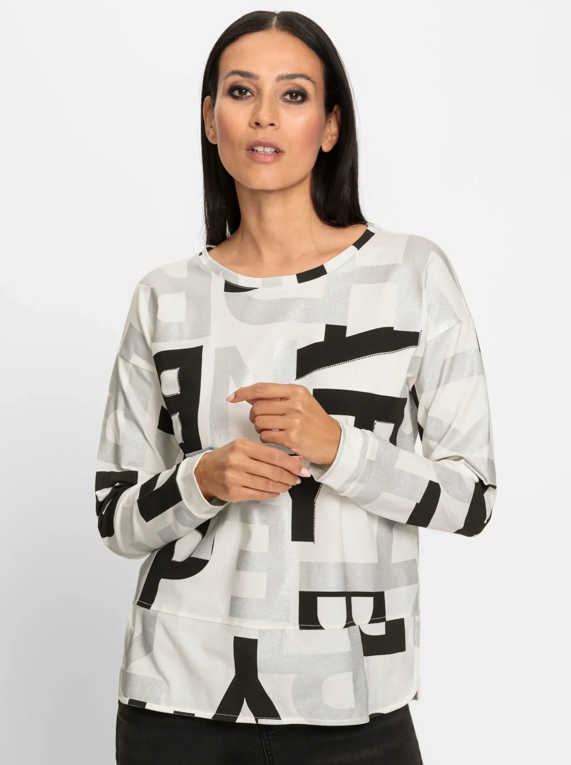 Shirts|heine Langarmshirt mit Schmucksteinchen ecru-schwarz-bedruckt