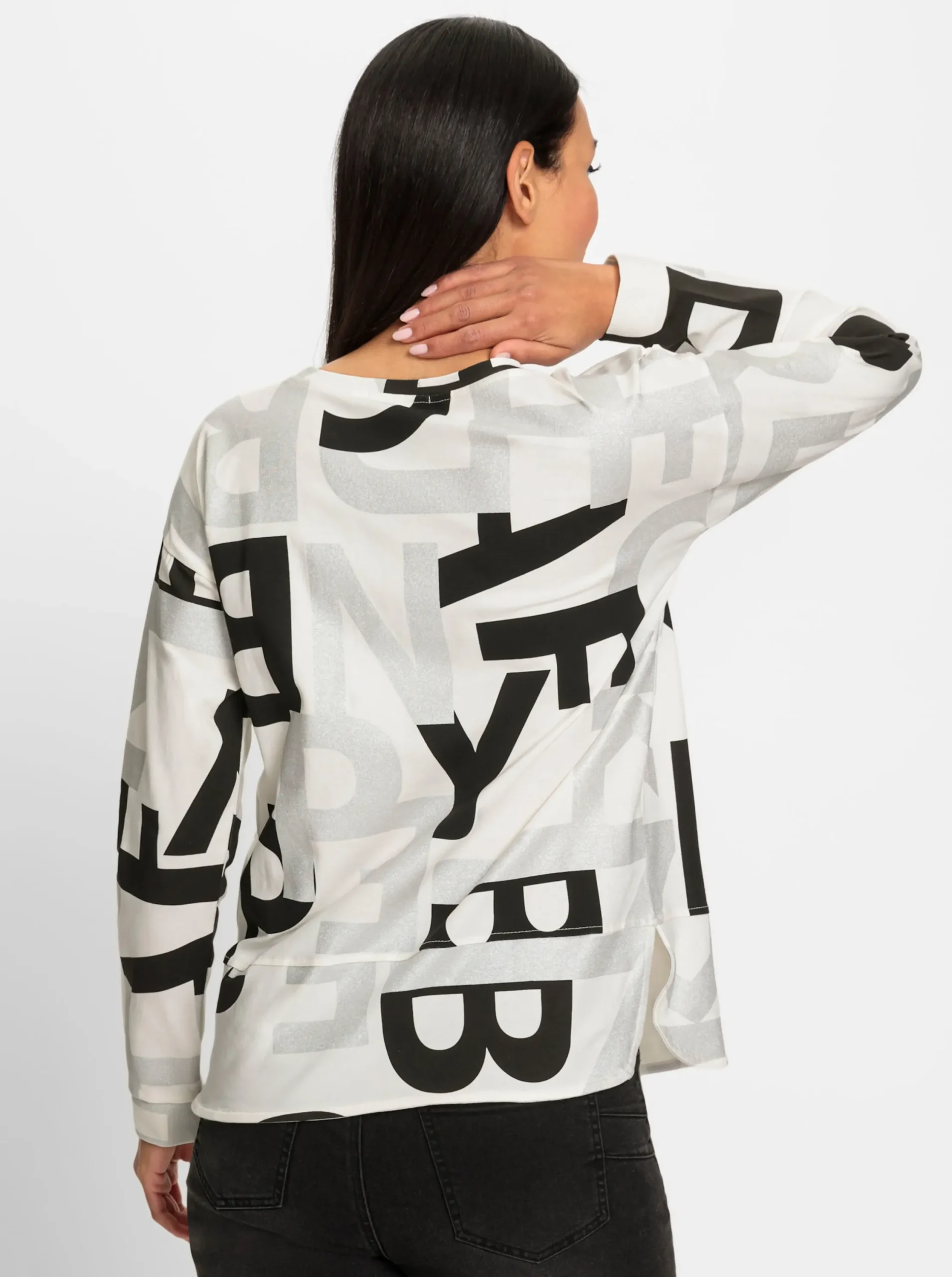 Shirts|heine Langarmshirt mit Schmucksteinchen ecru-schwarz-bedruckt