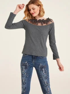 Shirts|heine Langarmshirt mit Spitze grau