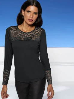 Shirts|heine Langarmshirt mit Spitzeneinsatz schwarz