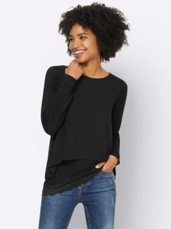 Shirts|heine Langarmshirt mit Spitzensaum schwarz