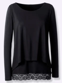 Shirts|heine Langarmshirt mit Spitzensaum schwarz