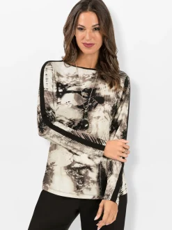 Shirts| Langarmshirt mit U-Boot-Ausschnitt sand-schwarz-bedruckt