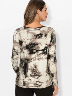 Shirts| Langarmshirt mit U-Boot-Ausschnitt sand-schwarz-bedruckt