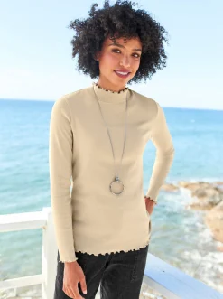 Shirts|heine Langarmshirt mit Wellenkanten beige