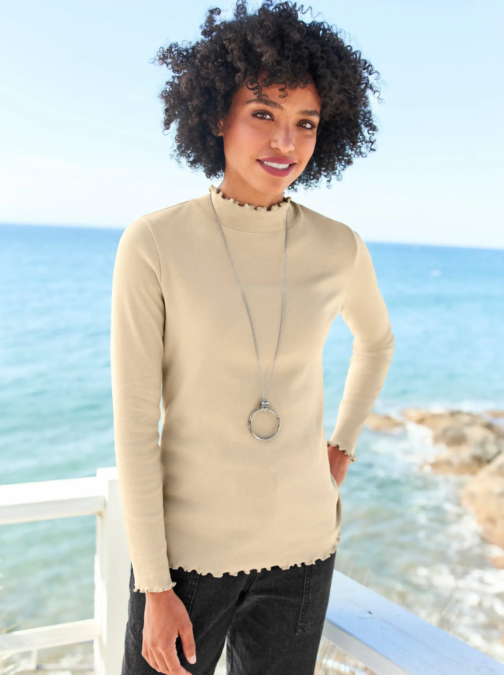 Shirts|heine Langarmshirt mit Wellenkanten beige