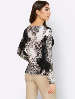 Shirts|heine Langarmshirt mit Wickel-Effekt ecru-schwarz-bedruckt