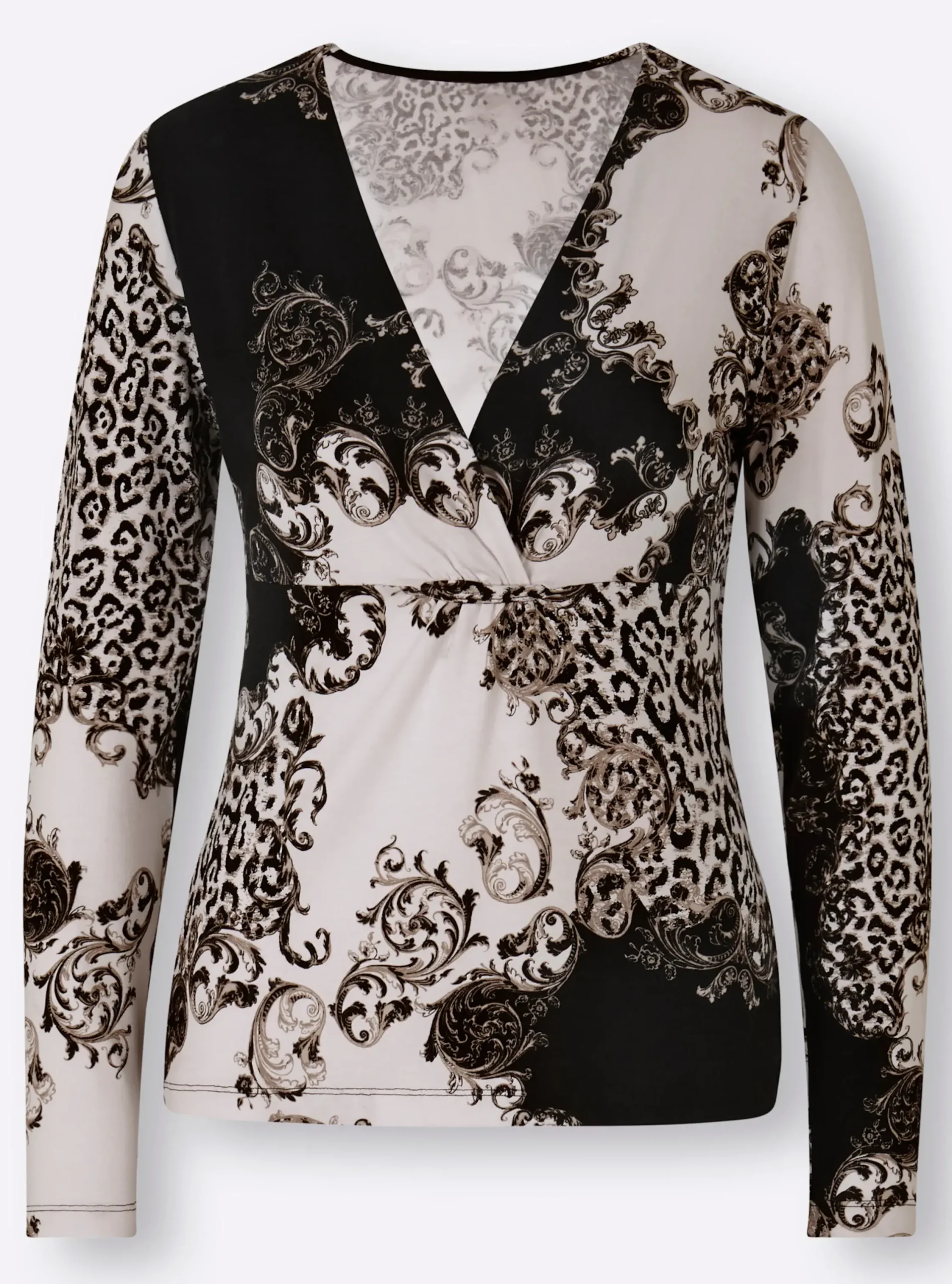 Shirts|heine Langarmshirt mit Wickel-Effekt ecru-schwarz-bedruckt