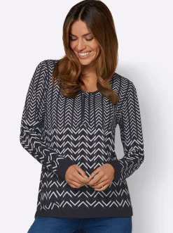 Shirts| Langarmshirt mit Zick-Zack-Muster weiß-schwarz-bedruckt