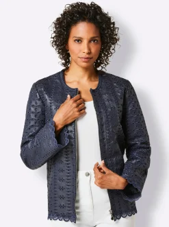 Ledershop|CREATION L PREMIUM Lederblazer mit aufwendiger Lochstickerei und Spitzenbordüre marine