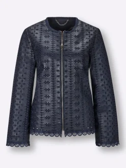Ledershop|CREATION L PREMIUM Lederblazer mit aufwendiger Lochstickerei und Spitzenbordüre marine
