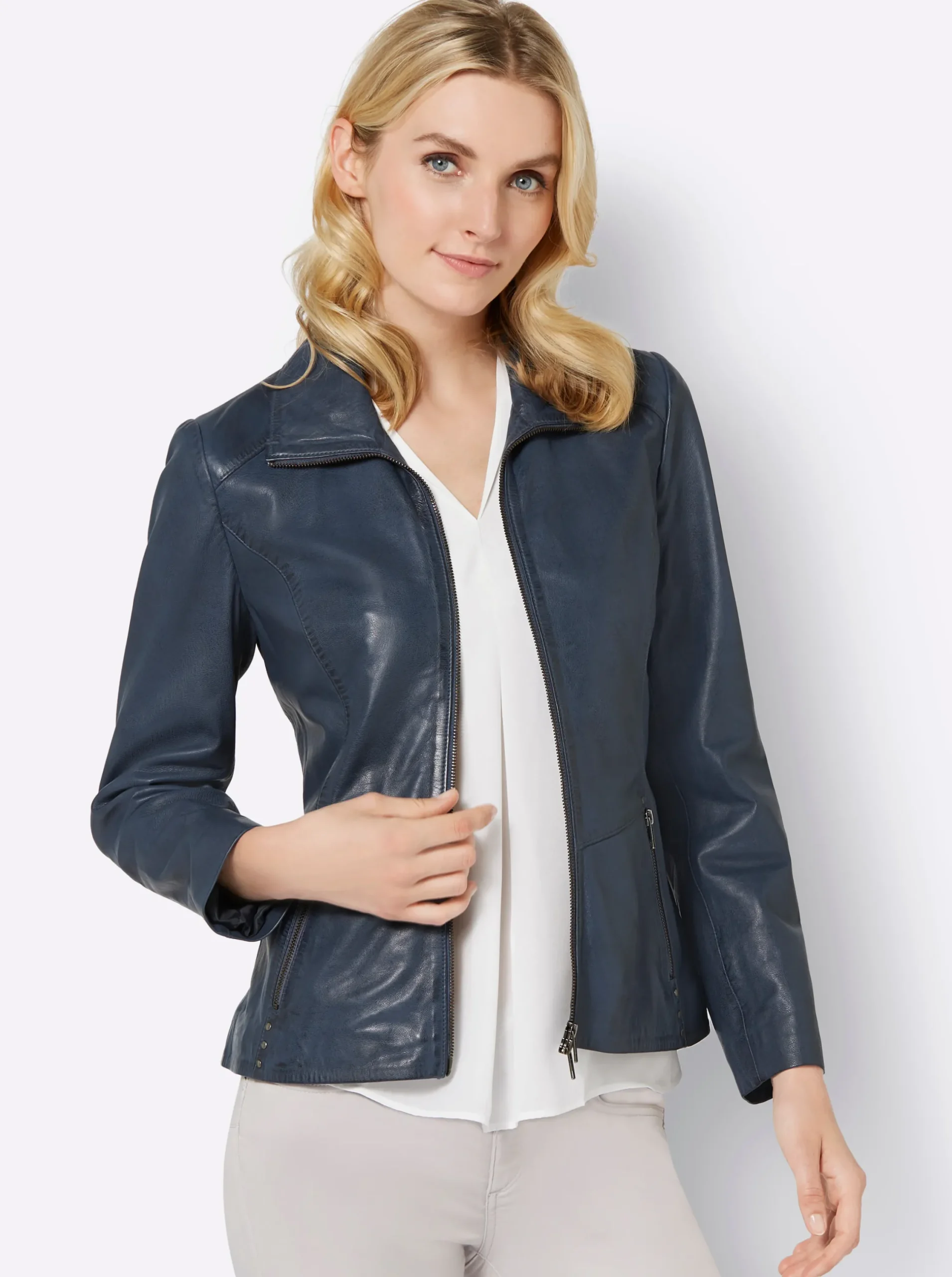 Ledershop|Jacken|Mainpol Lederjacke mit Ziernieten, aus Lammnappa rauchblau
