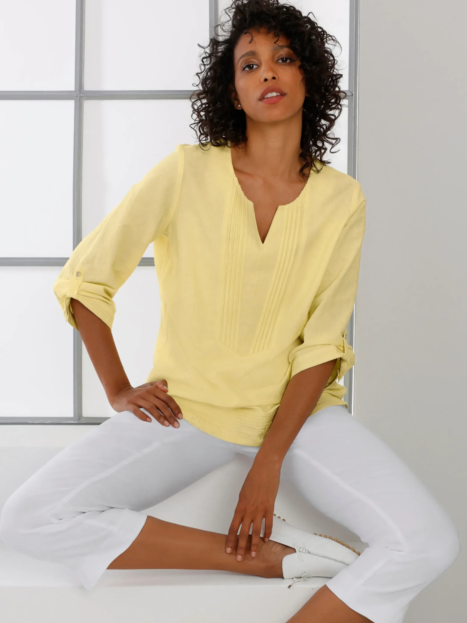 Blusen|CREATION L PREMIUM Leinenbluse im Tunika-Stil zitrone