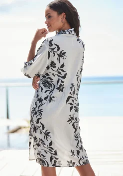 Strandmode|Blusen|LASCANA Longbluse beige-schwarzbedruckt