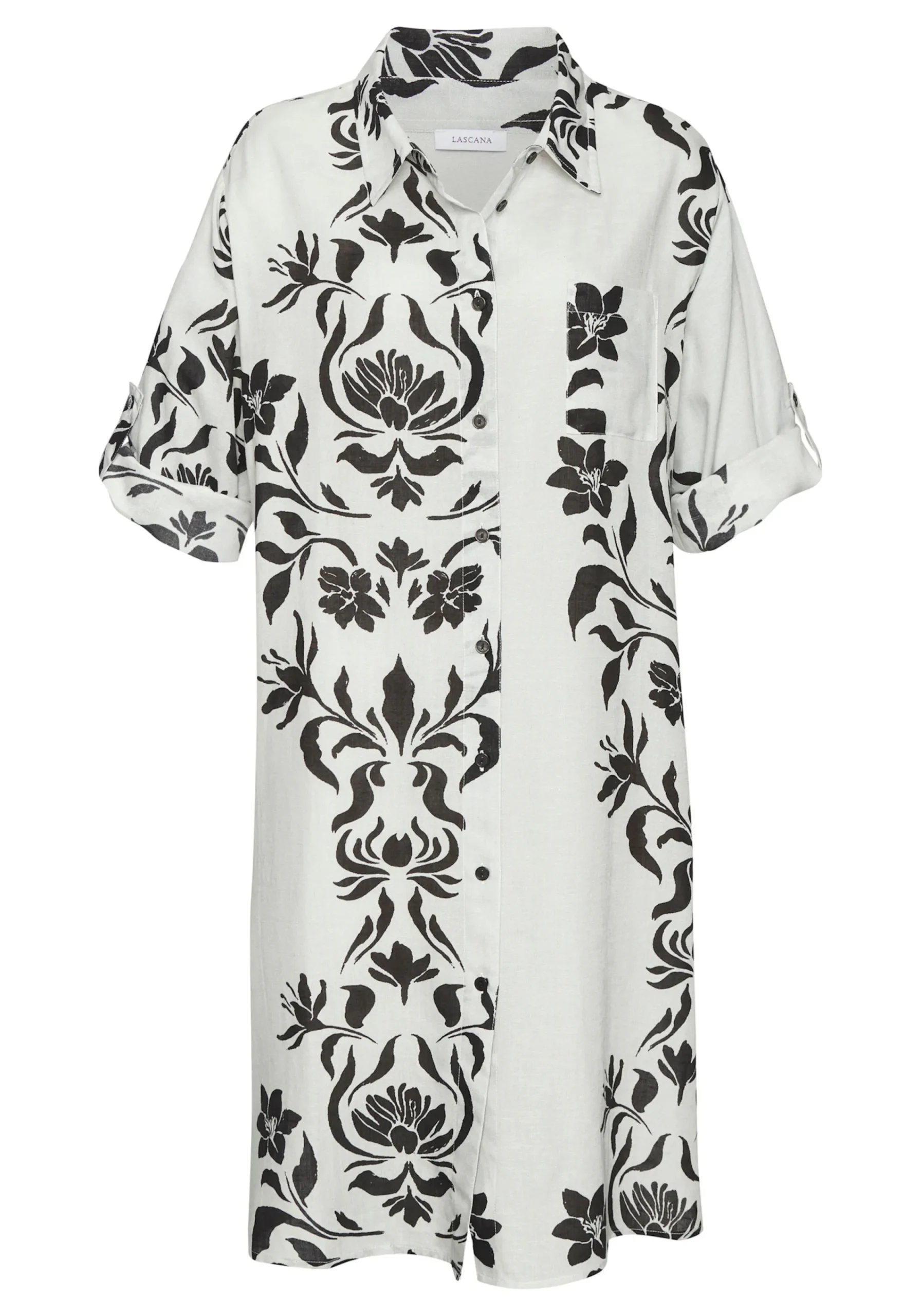 Strandmode|Blusen|LASCANA Longbluse beige-schwarzbedruckt