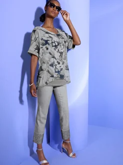 Blusen| Longbluse im Mix aus Viskose und Seide ecru-bedruckt