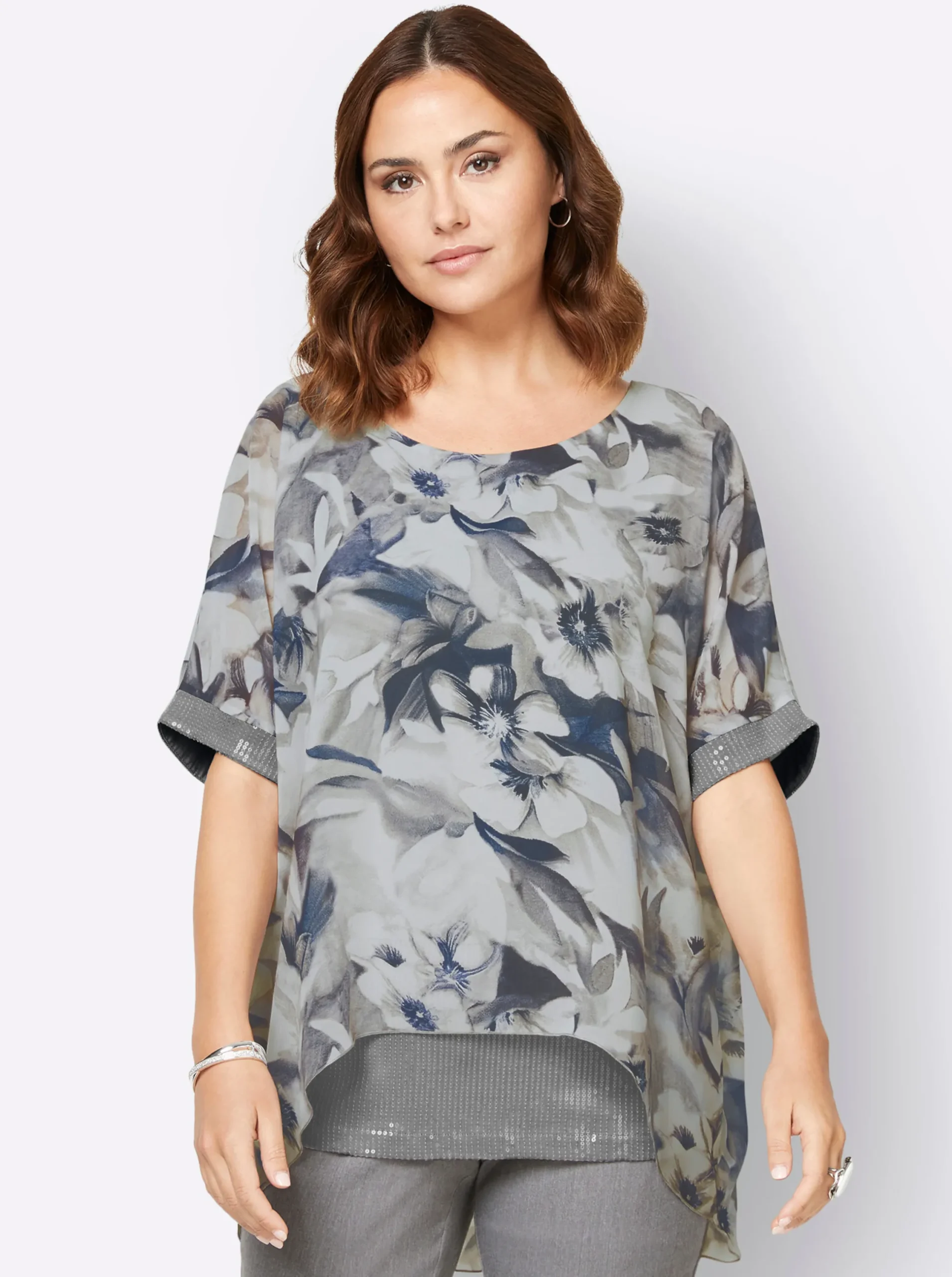 Blusen| Longbluse im Mix aus Viskose und Seide ecru-bedruckt