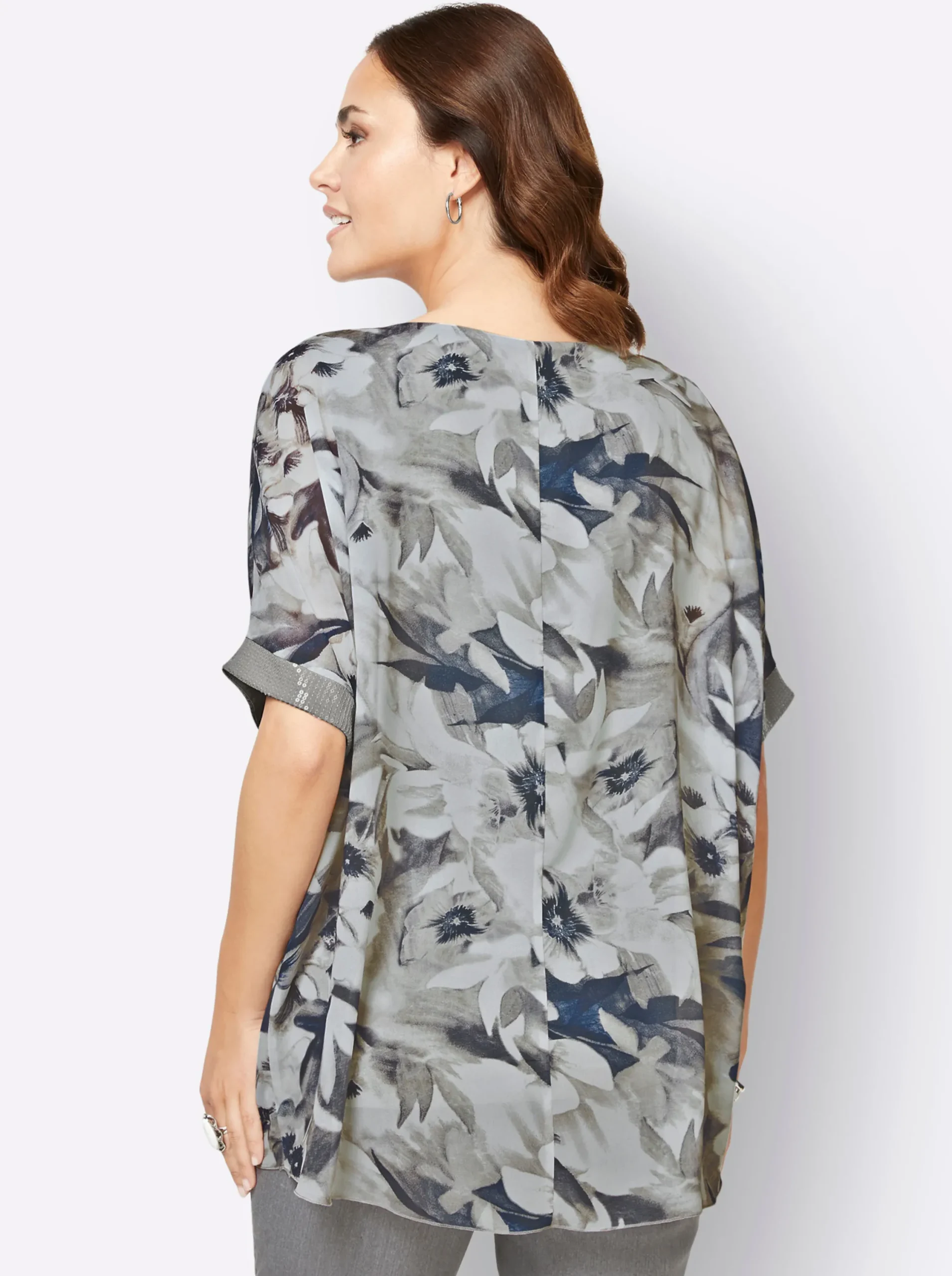 Blusen| Longbluse im Mix aus Viskose und Seide ecru-bedruckt