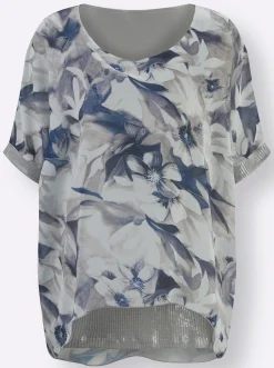 Blusen| Longbluse im Mix aus Viskose und Seide ecru-bedruckt