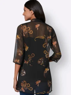 Blusen| Longbluse in offener Form schwarz-ocker-bedruckt