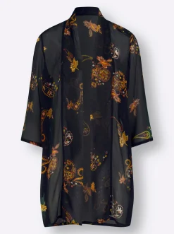 Blusen| Longbluse in offener Form schwarz-ocker-bedruckt