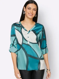 Blusen| Longbluse in Satin-Qualität, gemustert ecru-petrol-bedruckt