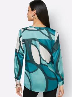 Blusen| Longbluse in Satin-Qualität, gemustert ecru-petrol-bedruckt