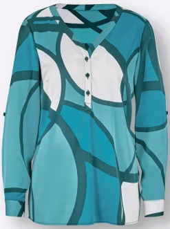 Blusen| Longbluse in Satin-Qualität, gemustert ecru-petrol-bedruckt