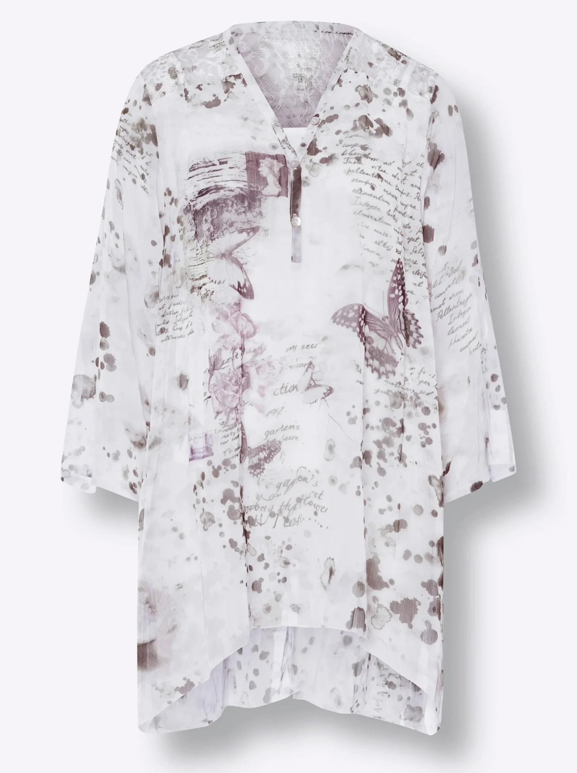 Blusen|heine Longbluse mit rückwärtigem Spitzeneinsatz ecru-oliv-bedruckt