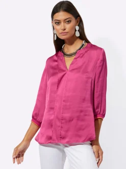 Blusen| Longbluse mit Streifenbündchen fuchsia-papaya