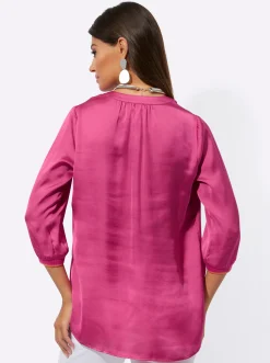 Blusen| Longbluse mit Streifenbündchen fuchsia-papaya