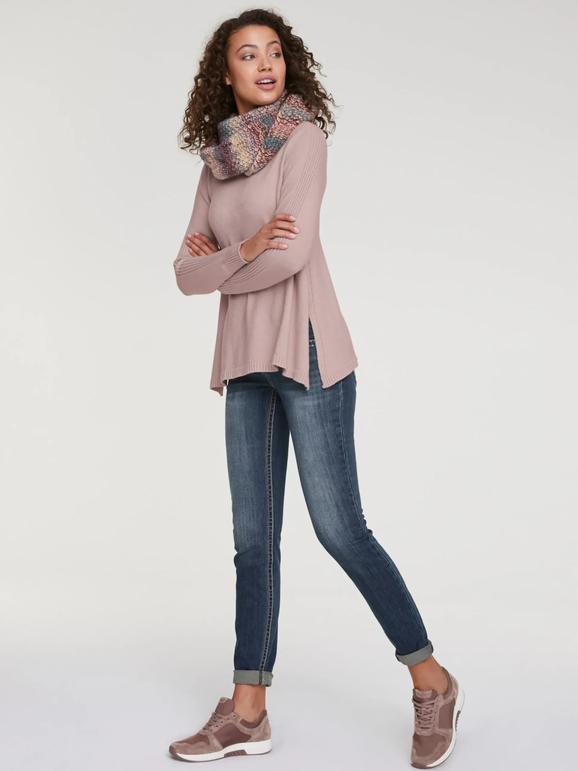 Pullover|heine Longpullover mit großzügigem Rundhals-Ausschnitt rosé