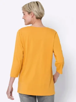 Shirts| Longshirt mit Print vorne ocker-weiß