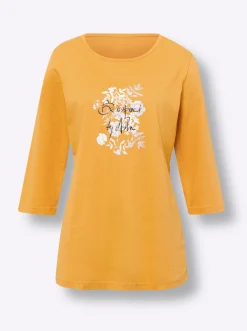 Shirts| Longshirt mit Print vorne ocker-weiß