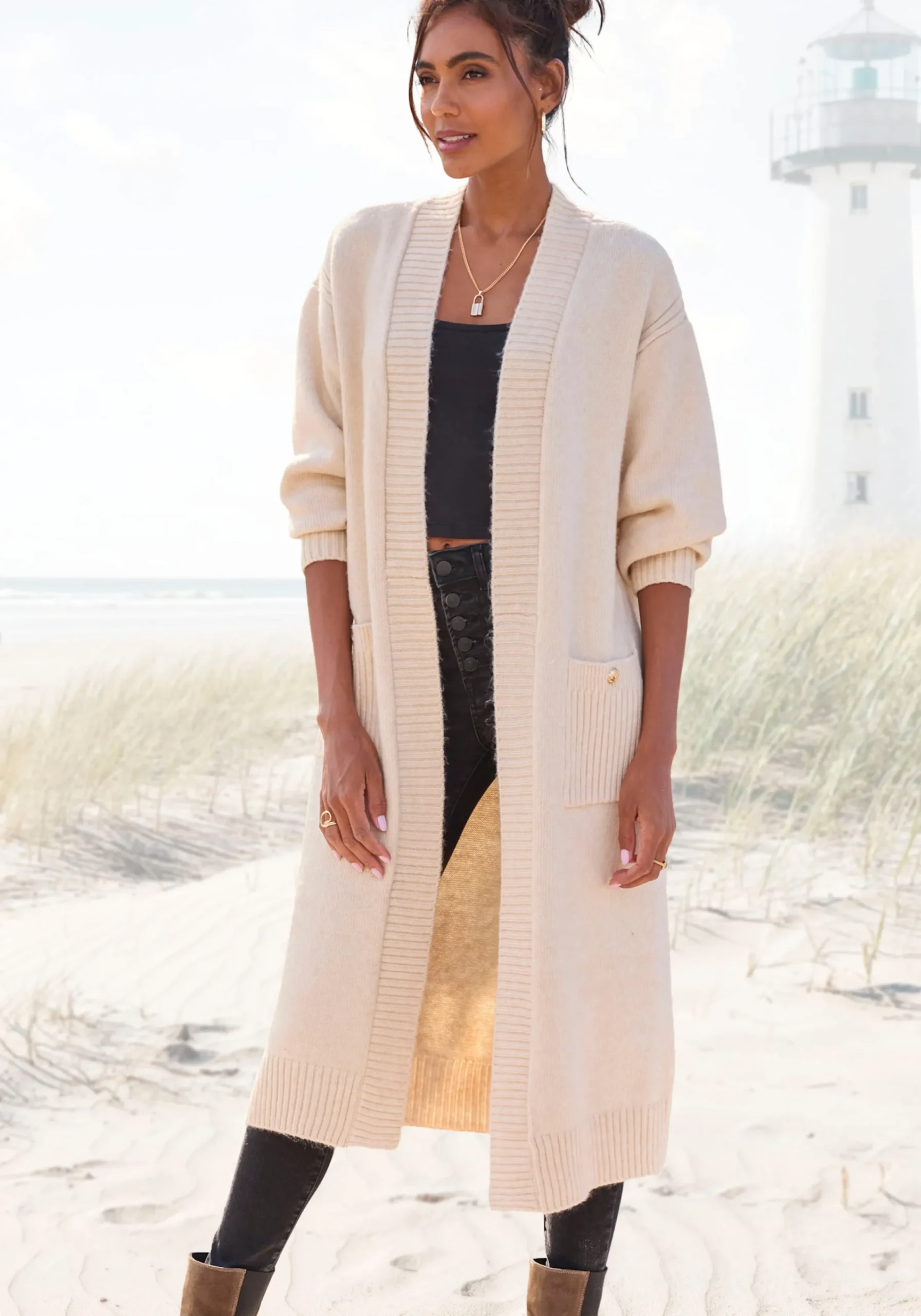 Strickjacken|LASCANA Longstrickjacke creme