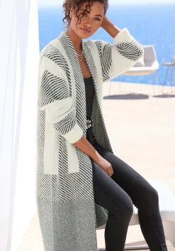 Strickjacken|LASCANA Longstrickjacke creme-schwarz
