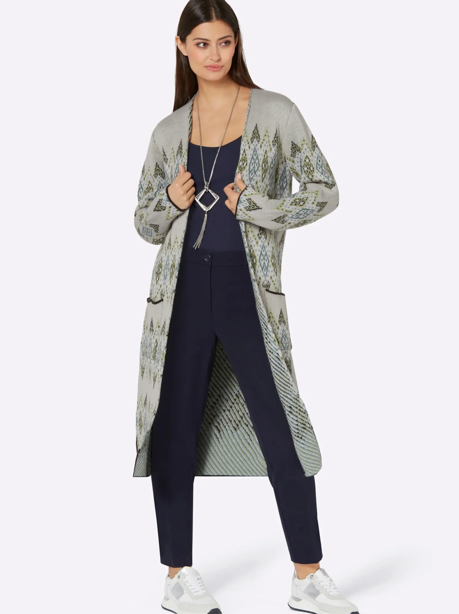 Strickjacken| Longstrickjacke grau-kalkmint-gemustert