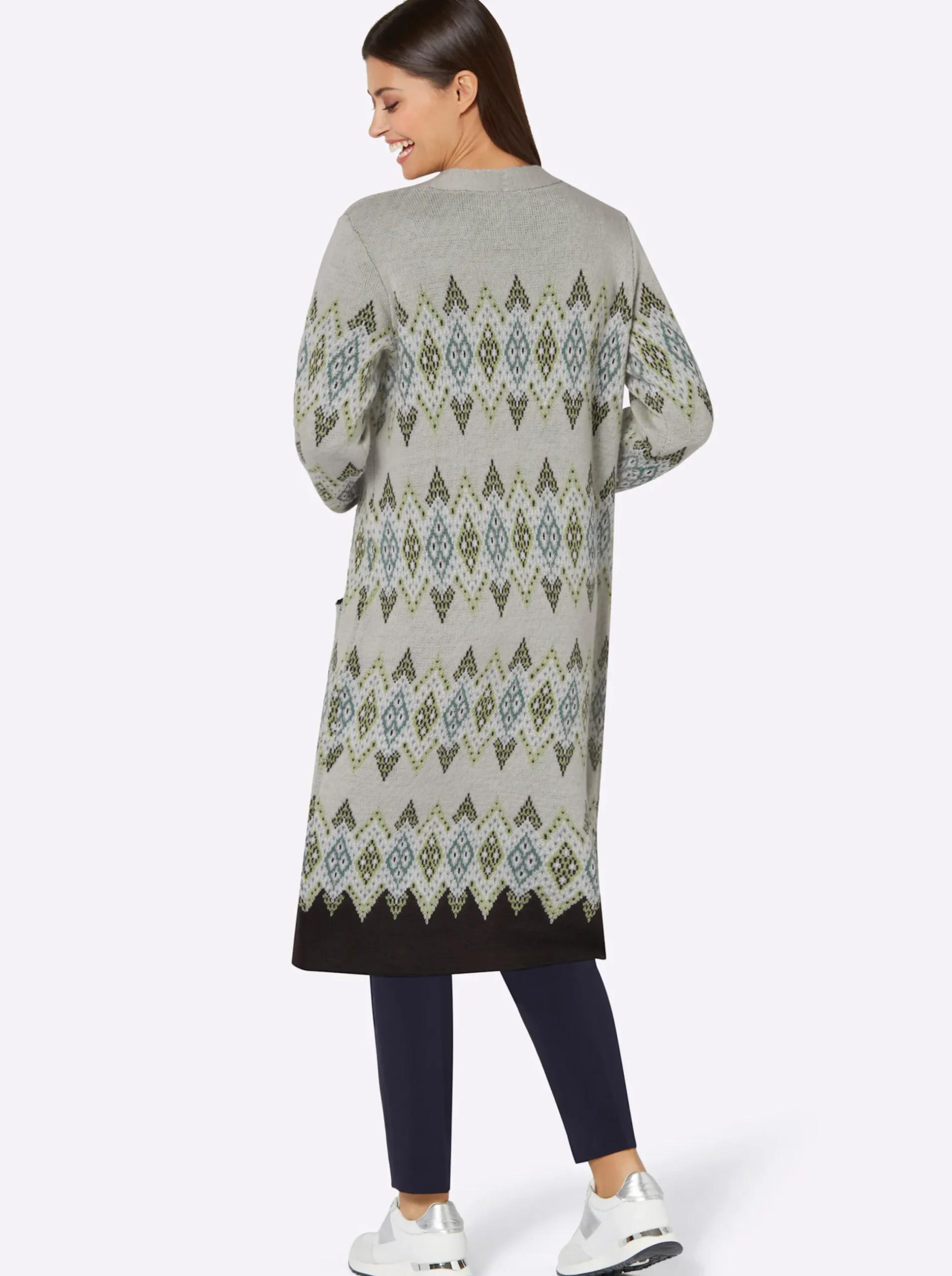 Strickjacken| Longstrickjacke grau-kalkmint-gemustert