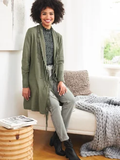Strickjacken|heine Longstrickjacke mit Bindegürtel khaki-meliert